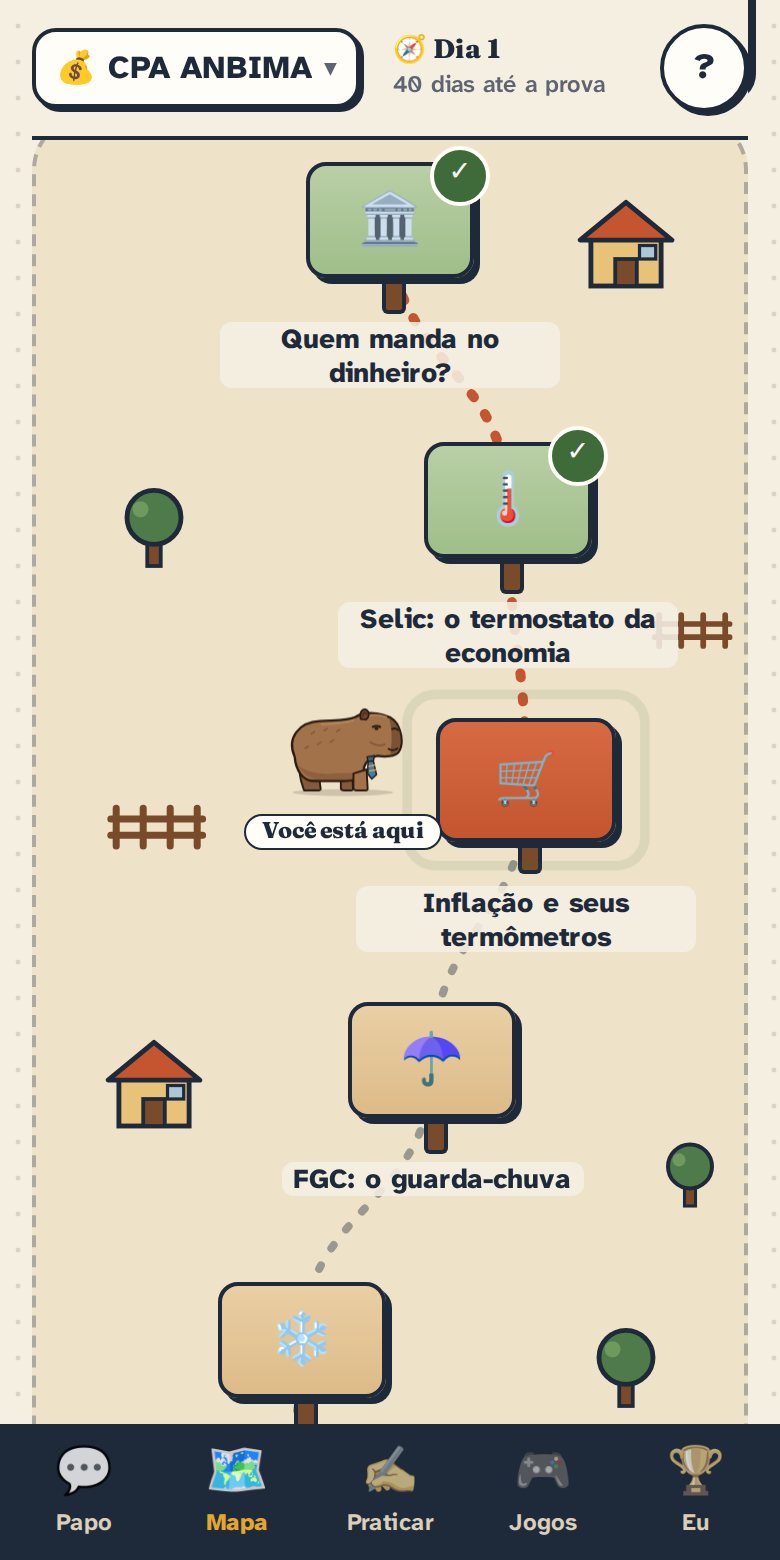 Mapa da expedição: as aulas como paradas de uma trilha, com a Capi onde você parou